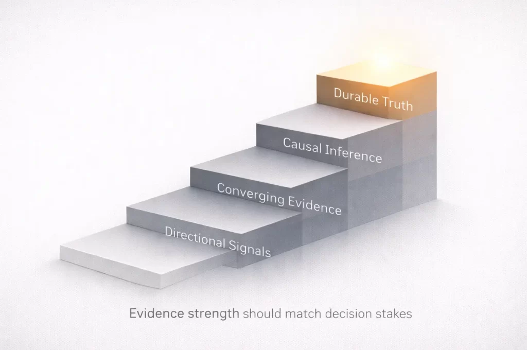 Evidence hierarchy illustrated as ascending steps from directional signals to converging evidence, causal inference, and durable truth, showing increasing confidence for higher-stakes decisions.