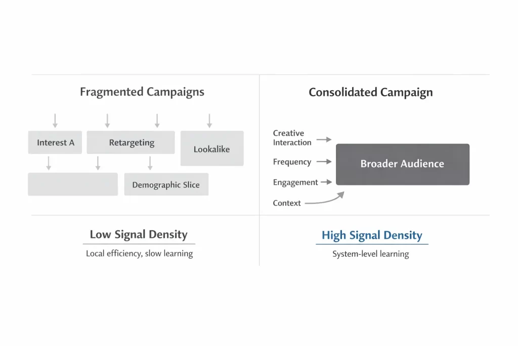 Diagram comparing fragmented ad campaigns with consolidated campaigns, showing multiple small audiences creating low signal density versus one broader audience generating high signal density and system-level learning.