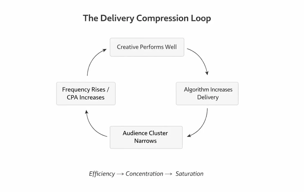 Circular diagram illustrating the delivery compression loop: creative performs well, algorithm increases delivery, audience cluster narrows, frequency and CPA rise, forming a cycle labeled efficiency to concentration to saturation.