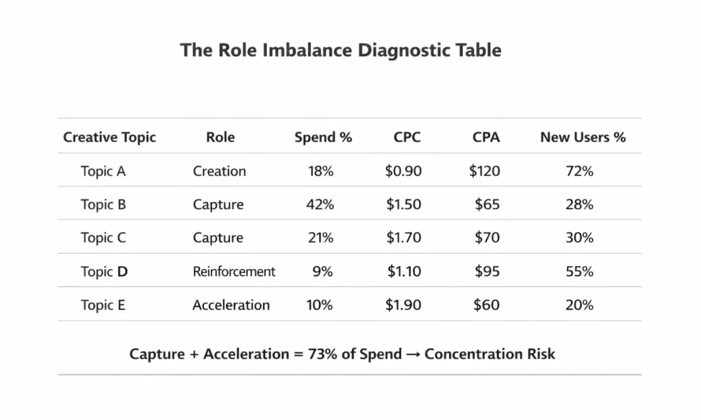 Table showing creative topics by role (Creation, Capture, Reinforcement, Acceleration) with spend percentage, CPC, CPA, and new user percentage, highlighting that Capture and Acceleration account for 73% of spend, indicating concentration risk.