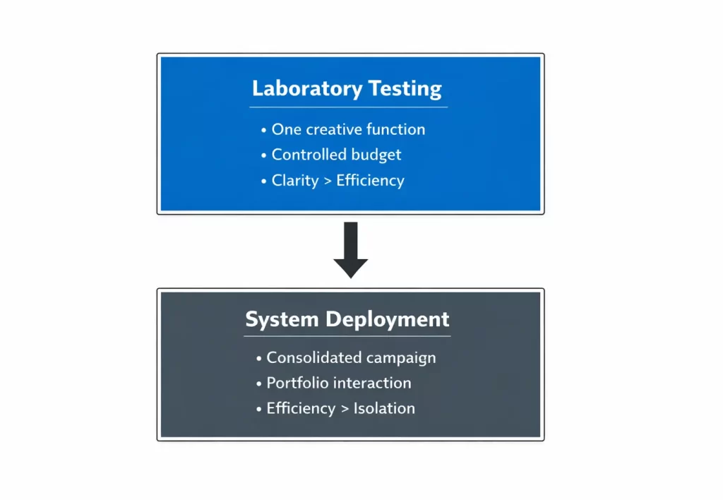 Two-layer creative testing model diagram comparing Laboratory Testing with isolated creative and controlled budget to System Deployment with consolidated campaigns and algorithmic efficiency.