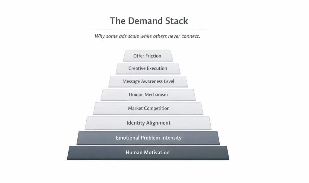 Pyramid diagram titled “The Demand Stack” showing layers of marketing demand from human motivation and emotional problem intensity up to creative execution and offer friction.