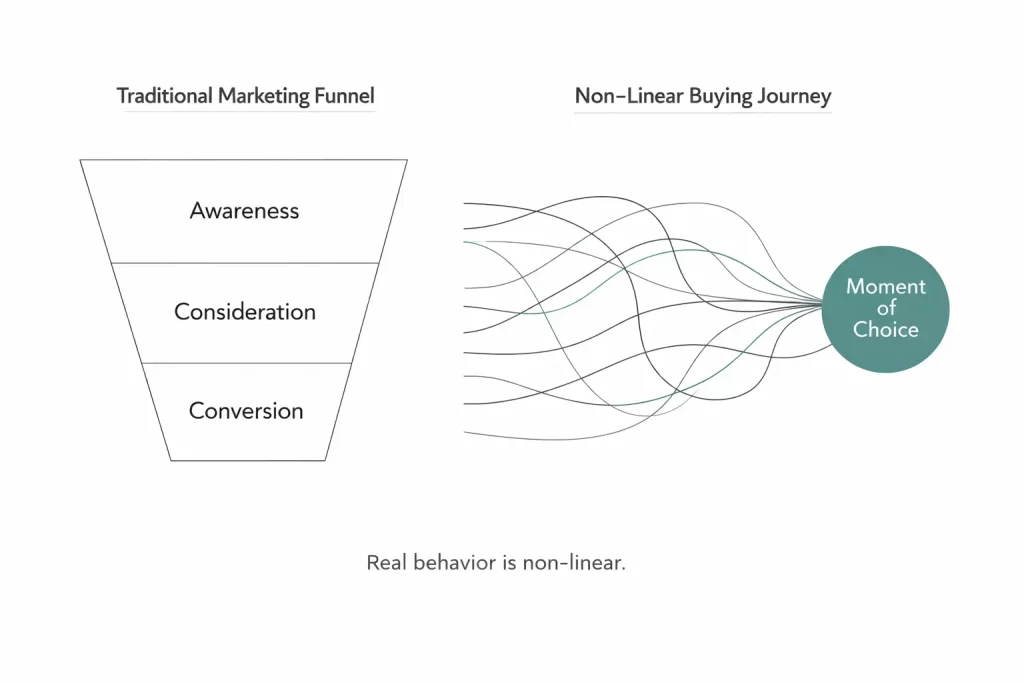 Comparison diagram showing a traditional marketing funnel with awareness, consideration, and conversion versus a non-linear buying journey with multiple paths leading to a moment of choice.