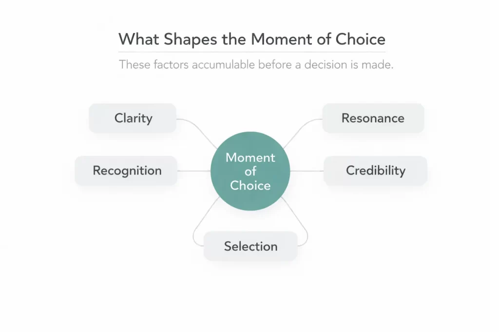 Framework diagram showing the factors that shape the moment of choice: clarity, resonance, recognition, credibility, and selection.