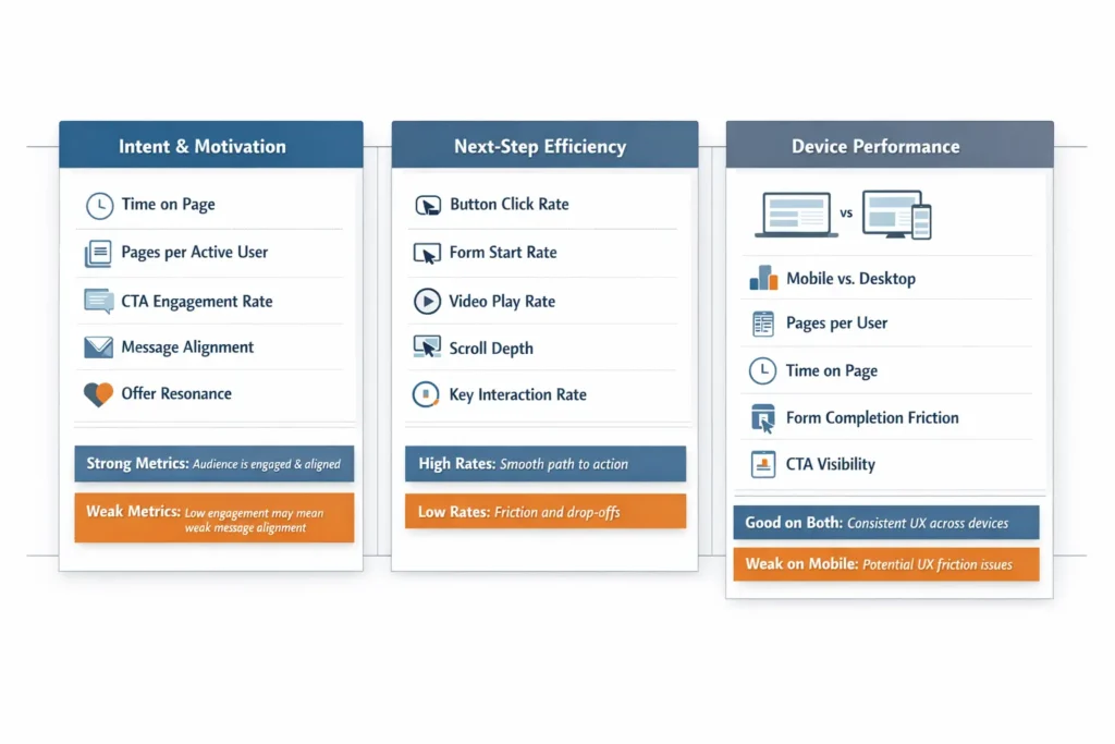 Framework diagram for evaluating Google Ads landing pages with three columns: Intent and Motivation, Next-Step Efficiency, and Device Performance. Each section lists diagnostic metrics such as time on page, CTA engagement rate, button click rate, scroll depth, mobile versus desktop comparison, form completion friction, and CTA visibility, with blue and orange callout bars explaining what strong or weak performance may indicate.