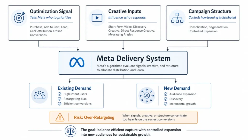Diagram showing how optimization signal, creative inputs, and campaign structure feed into Meta’s delivery system, influencing whether ad delivery concentrates on existing demand or expands into new demand. A warning callout highlights the risk of over-retargeting when Meta prioritizes the easiest conversions.