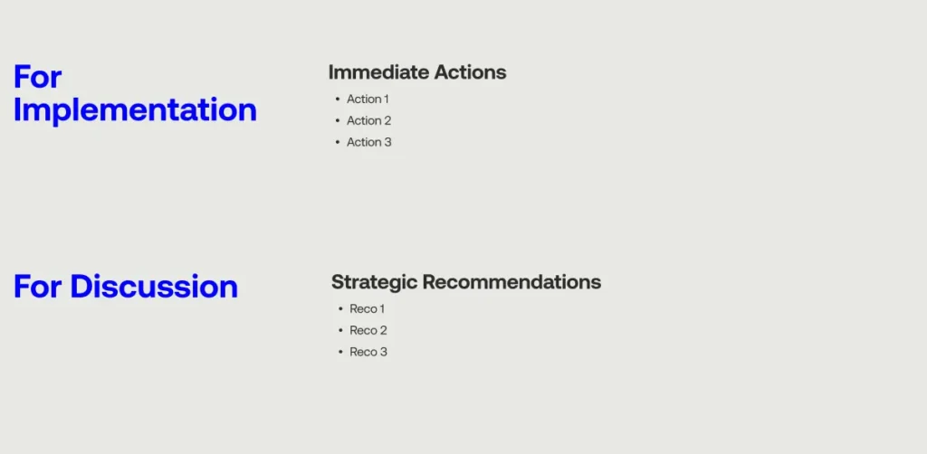 Monthly marketing report slide showing immediate actions for implementation and strategic recommendations for discussion.