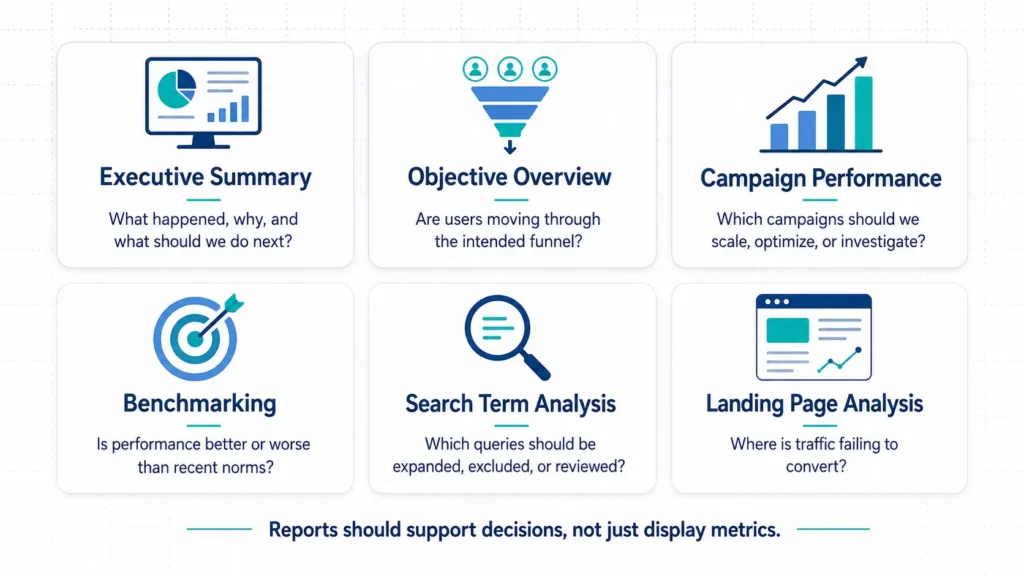 Six-card decision map showing the core sections of a Google Ads dashboard: Executive Summary, Objective Overview, Campaign Performance, Benchmarking, Search Term Analysis, and Landing Page Analysis.