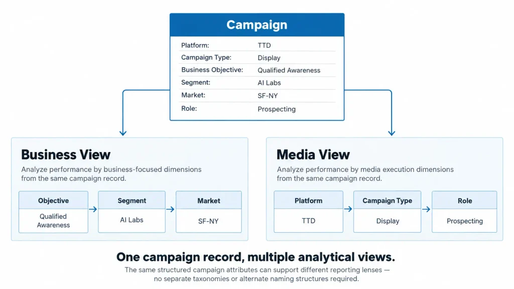 Diagram showing one campaign analyzed through business dimensions like objective, segment, and market and media dimensions like platform, campaign type, and role.
